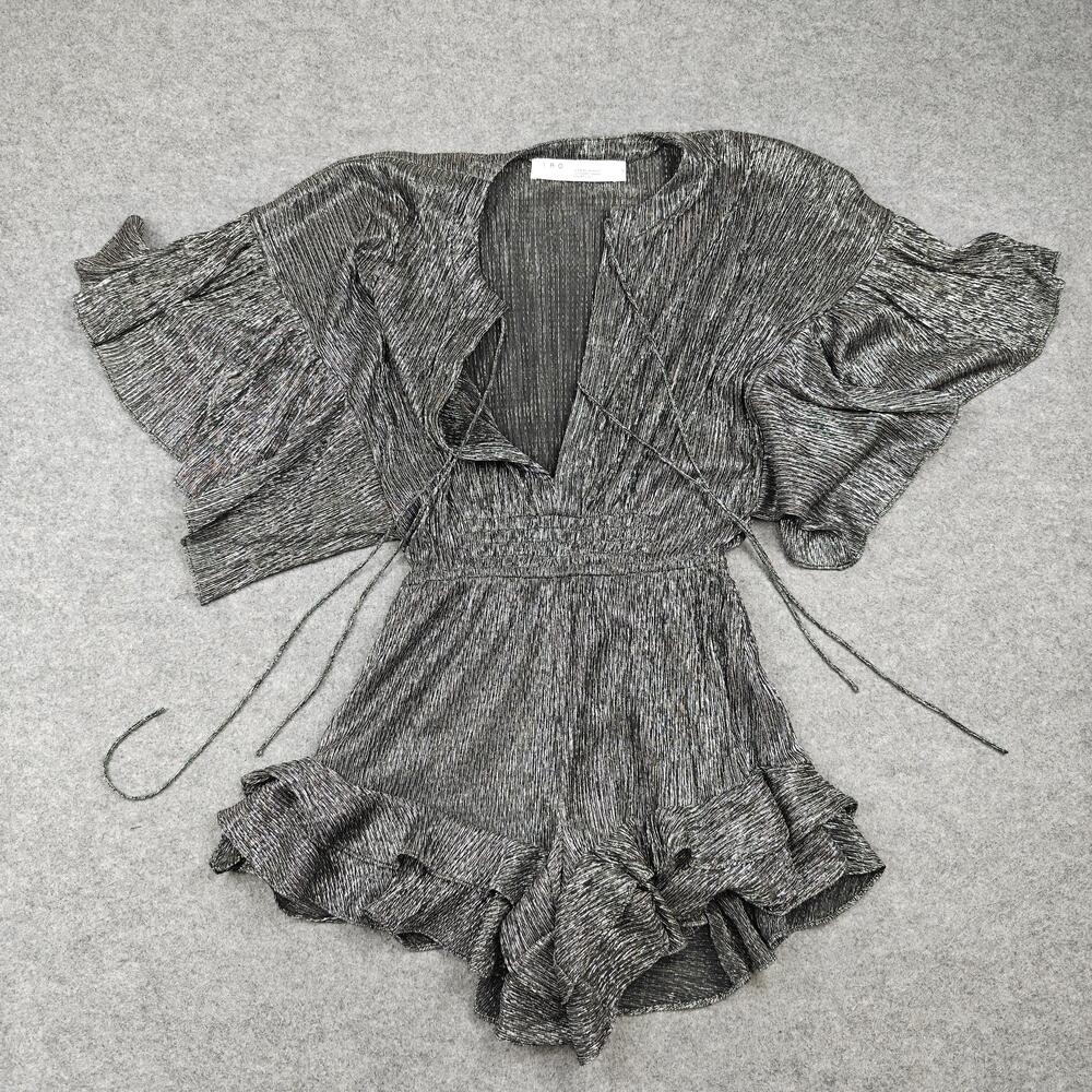 IRO Romper Womens 34 Silver Metallic Knit One-Piece V Neck Ruffle Party
